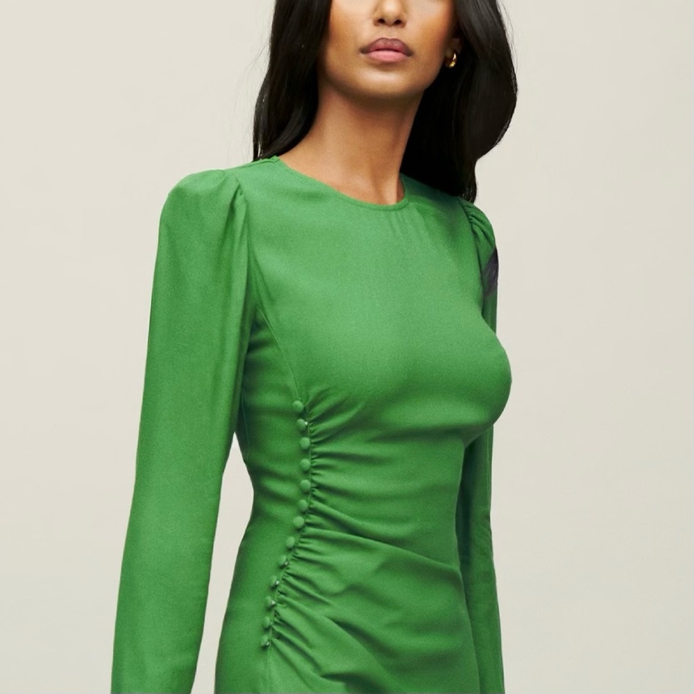 ๐ Reformation, Kelly Green Freda Ruched Midi Dress - Picture 6 of 16